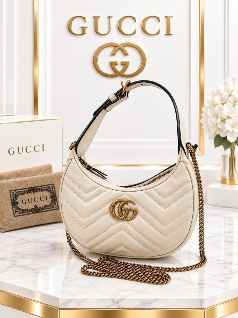 Authentic Gucci GG Marmont White Matelassé Leather Mini Hobo Shoulder Bag